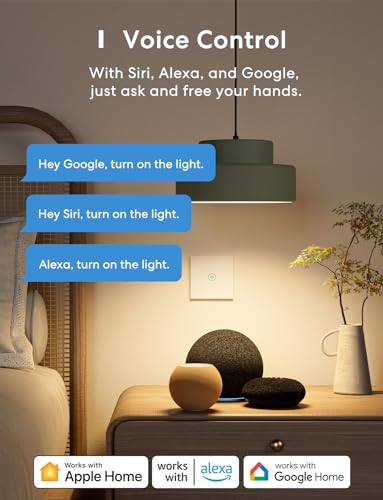 Meross smart Lichtschalter kompatibel mit HomeKit, WLAN Wandschalter, 1 Way 1 Gang benötigt Nullleiter, kompatibel mit Siri, Alexa, Google Home und SmartThings, 2,4 GHz - 3